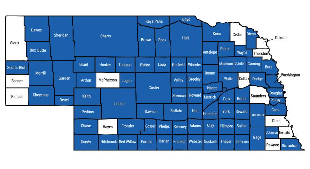 Nebraska map showing where Bruner, Frank, Schumacher, Husak, Simpson have served clients. We have worked with clients in nearly every county and are happy to help statewide.